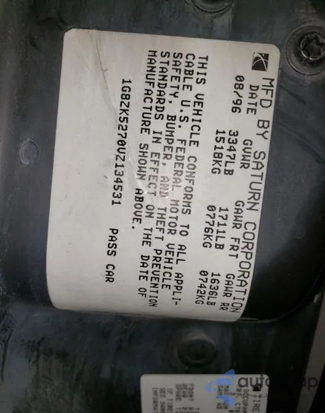 1997 Saturn Sl2 from USA, damaged, VIN 1G8ZK5270VZ134531